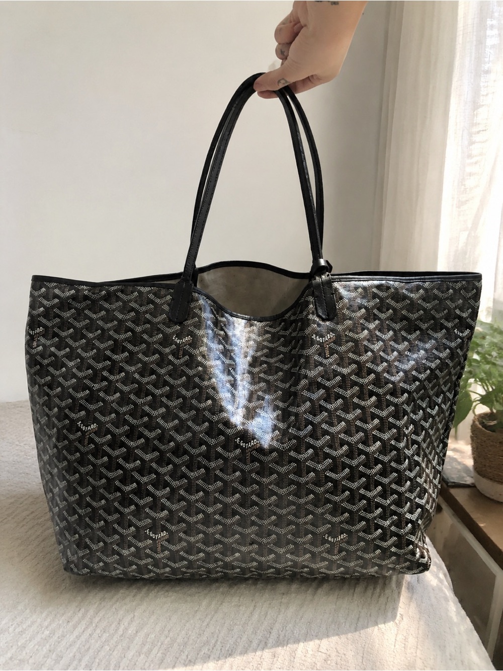 Goyard Black Chevron-Patterned Tote with Double Top Handles
